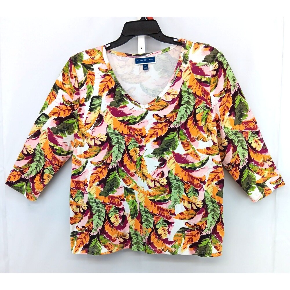 Karen Scott Shirt Women Size XL Multicolor Tropical Floral 3/4 Sleeve V Neck Top